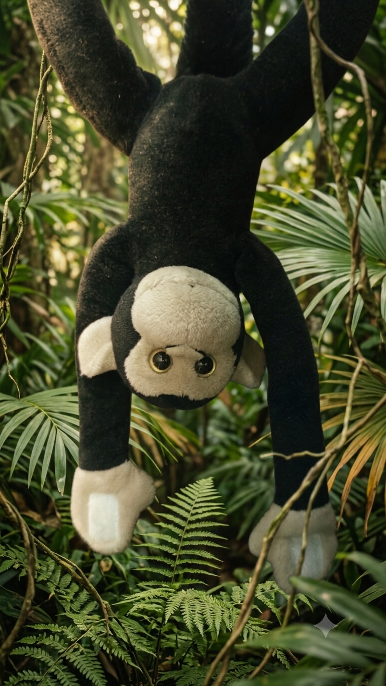 Vintage Hanging Monkey Plush Toy 12-Inch length- Long Arms with Hook-and-Loop Fastener Hands - Black & Cream