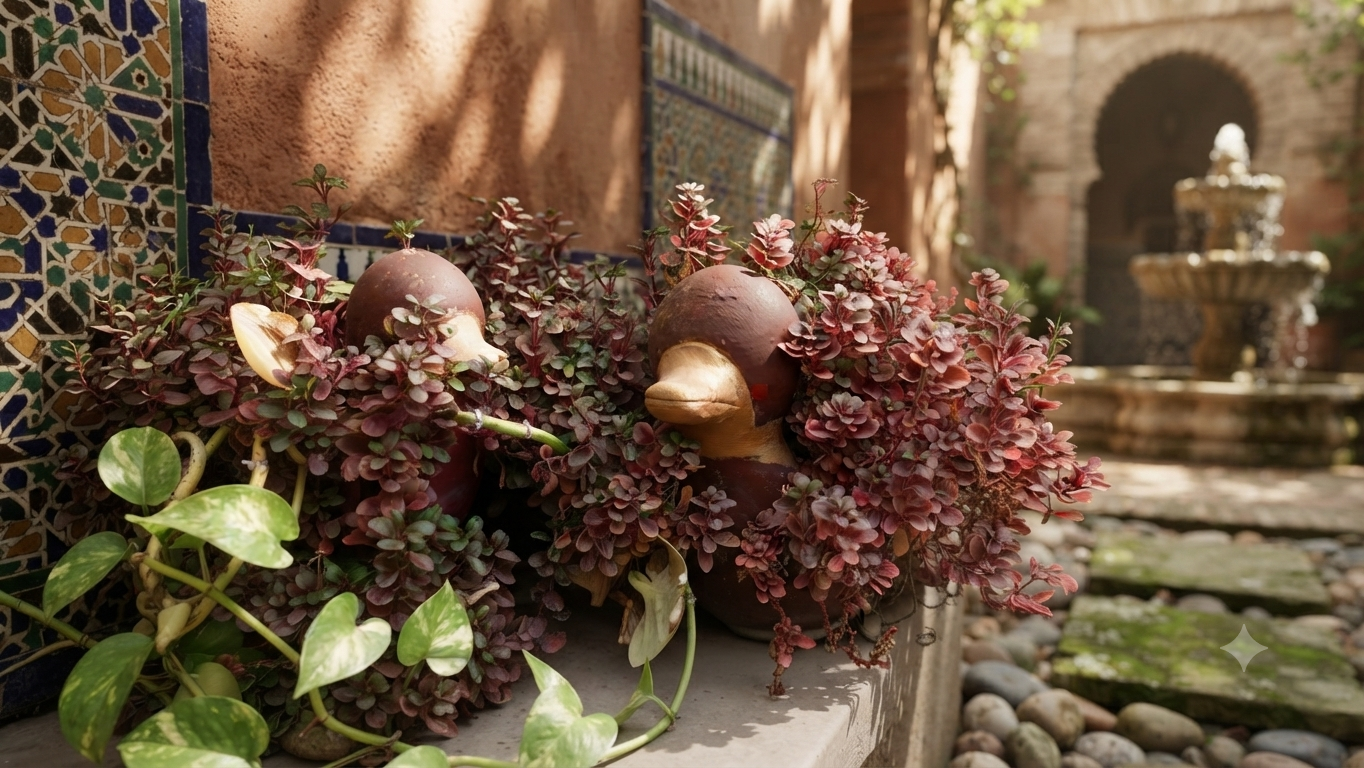 02 x Decorative Duck Planter Set with Red Leaf Shrubs / Goldfish Plant