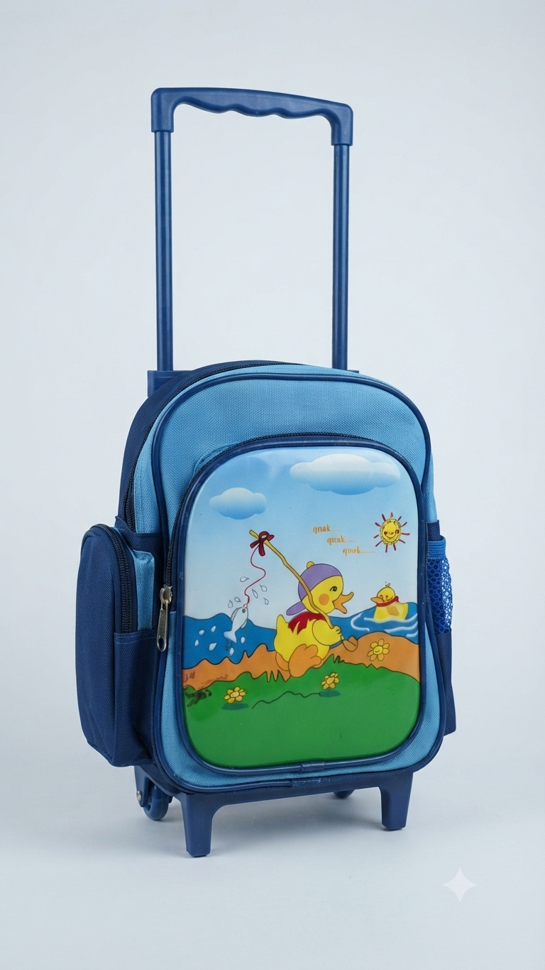Cute Duck Fishing Graphic Kids Rolling School Bag / Travel Trolley Backpack - Blue