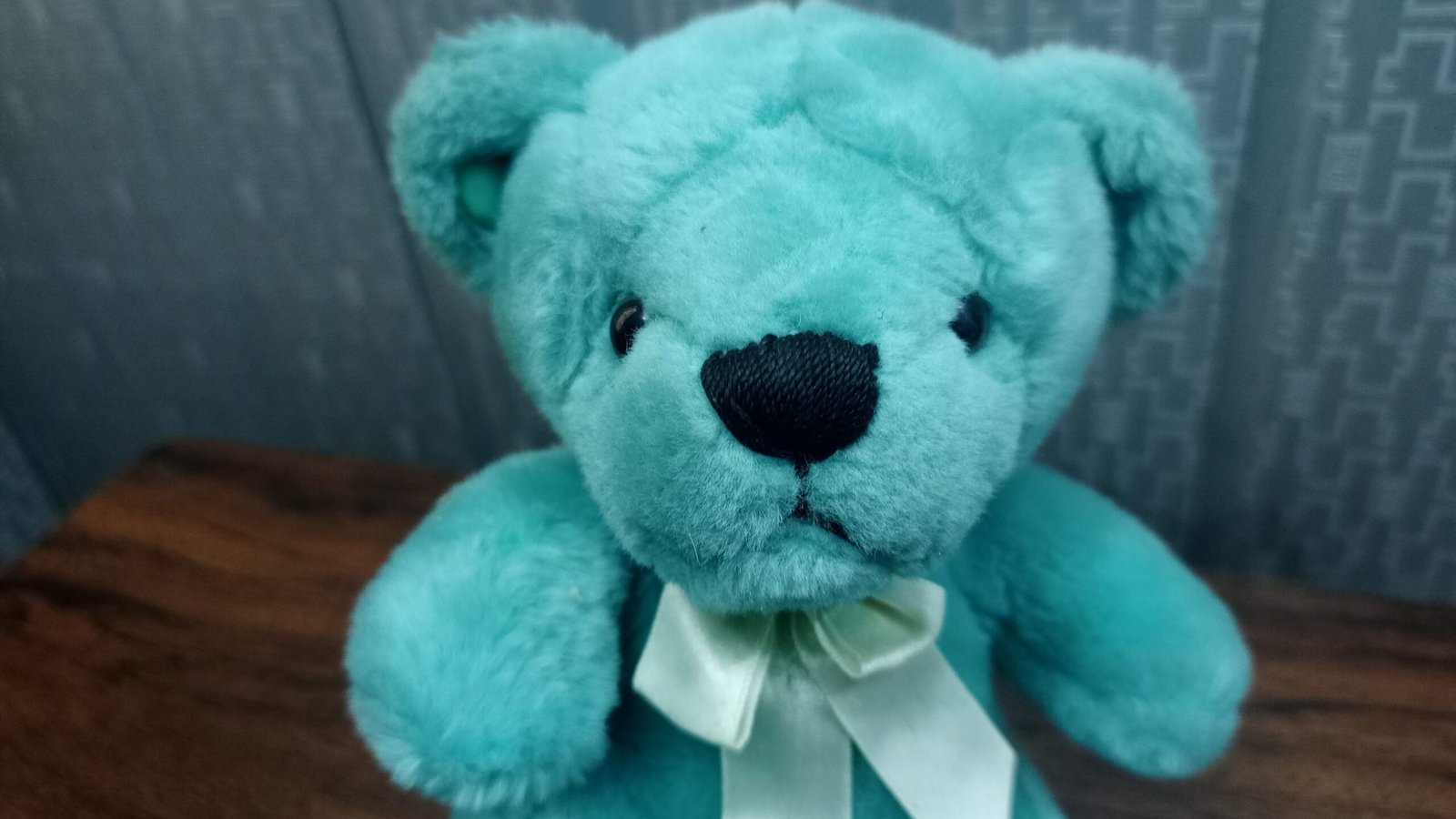 Vintage Teal Blue Teddy Bear Stuffed Animal with Satin Bow
