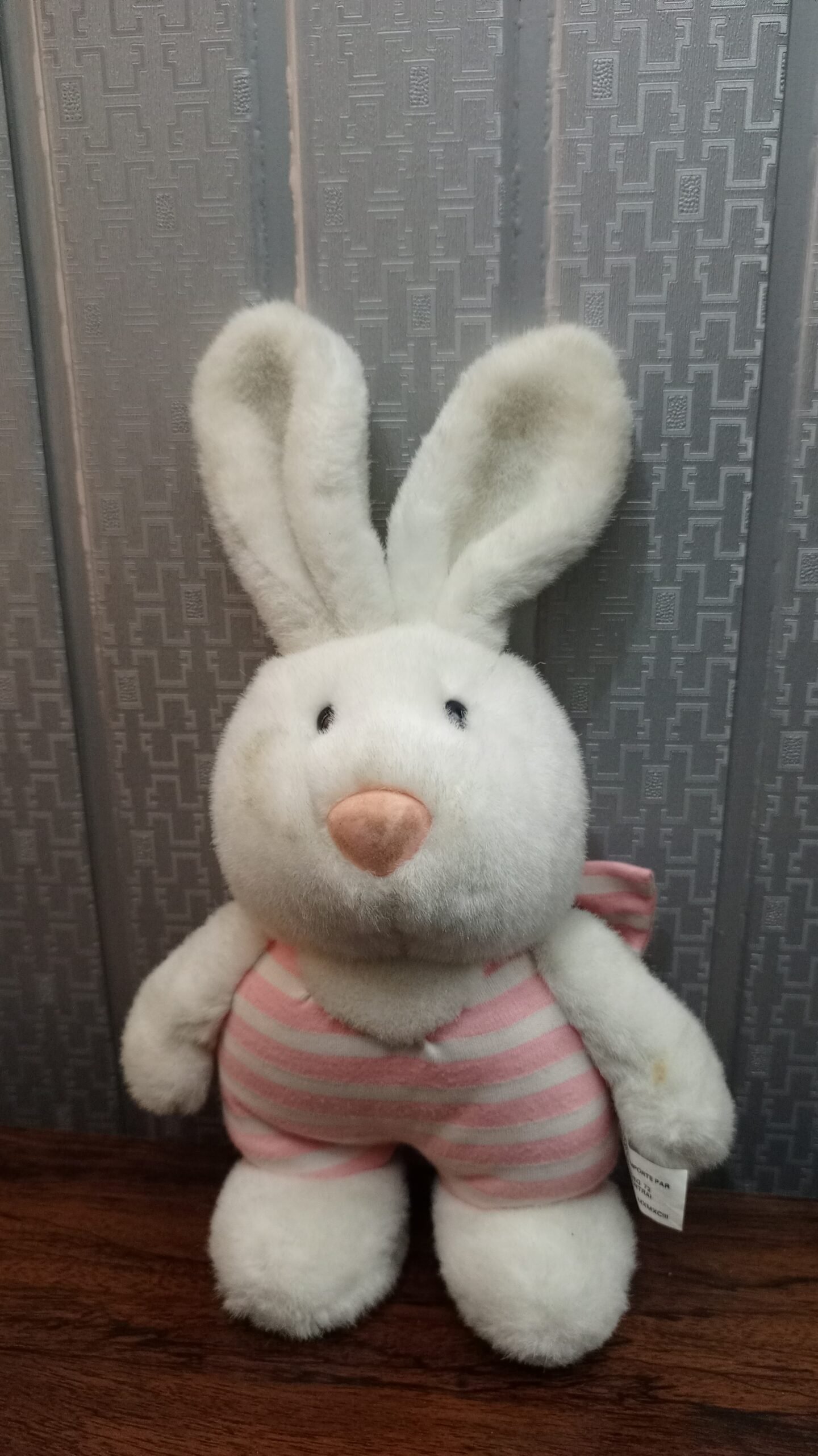 Vintage White Plush Bunny Rabbit Stuffed Animal in Pink Striped Overalls